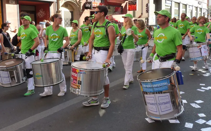 Christopher Street Day Stuttgart - a drum group in the parade through the city center