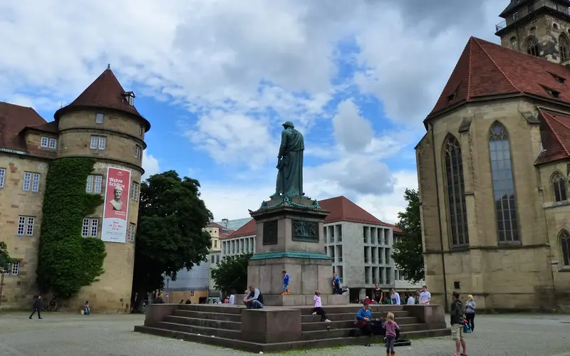 Schillerplatz in Stuttgart with the Old Palace, the Collegiate Church and the Schiller monument